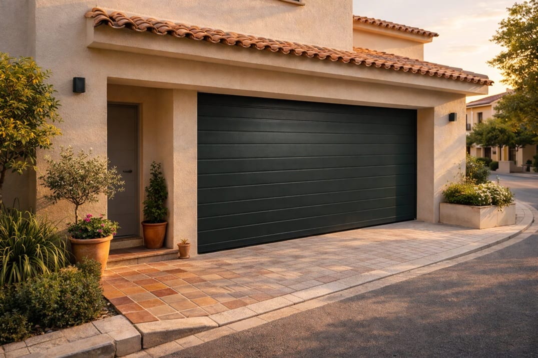 entrada de vivienda con puerta automática de garaje moderna en Sagunto