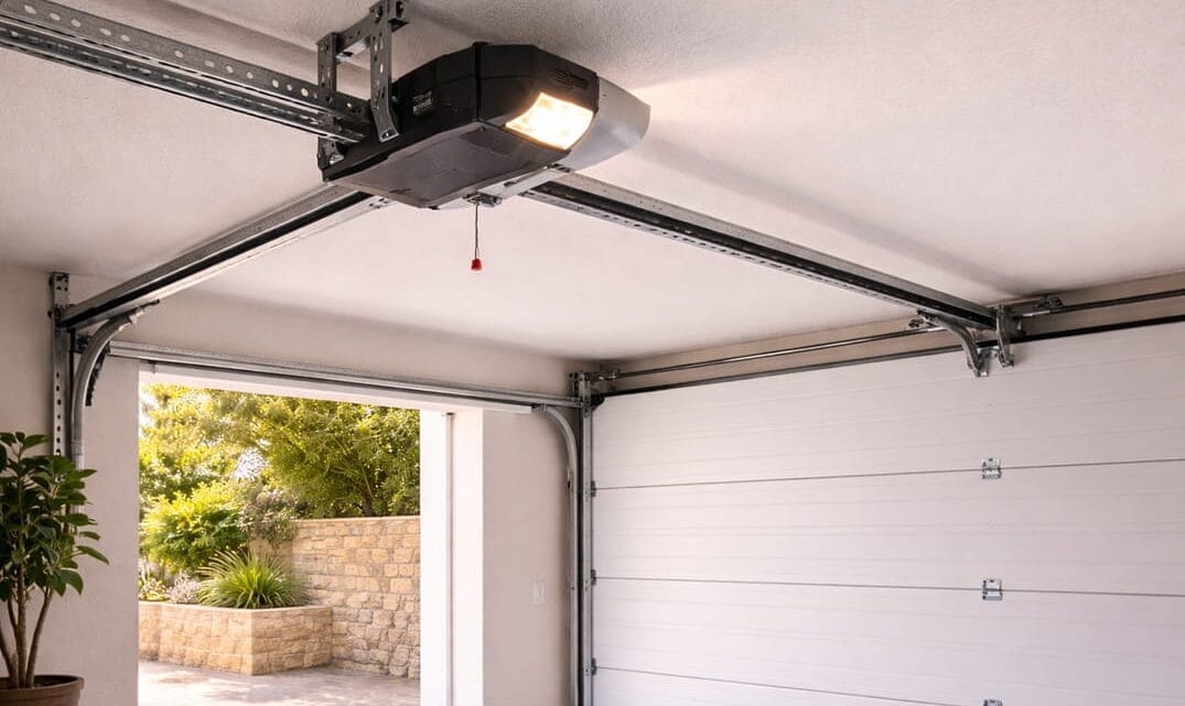 motor automático de puerta de garaje instalado en techo de garaje residencial