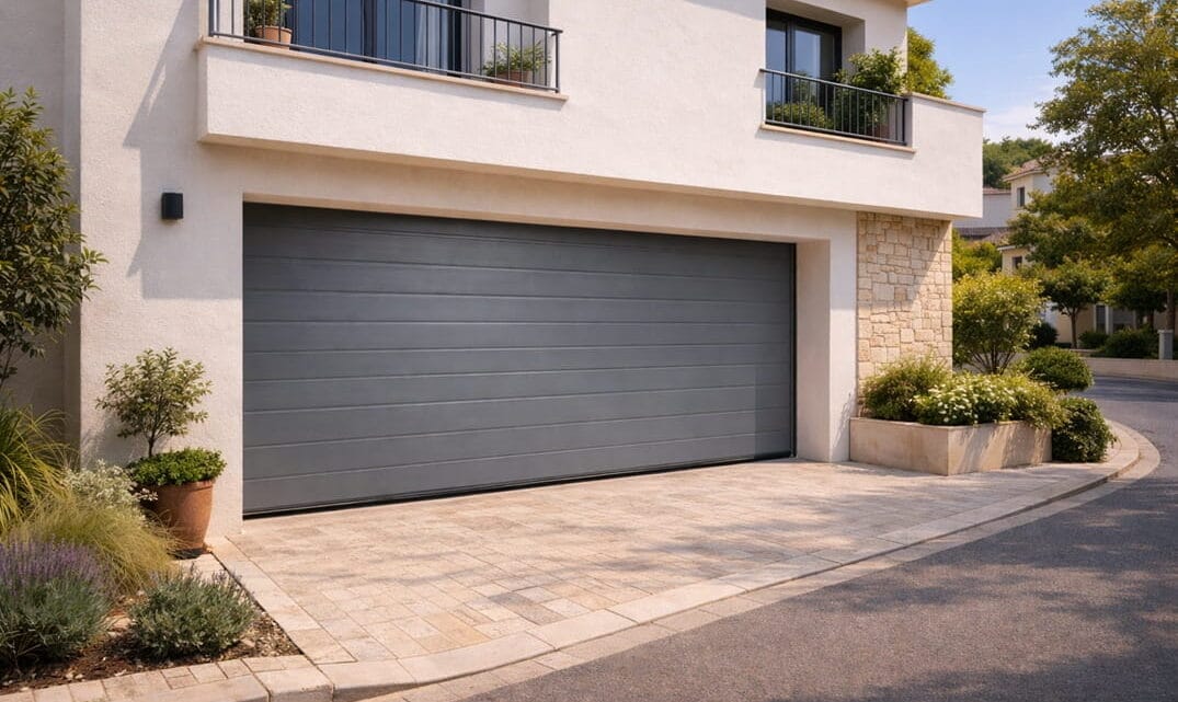 puerta automática de garaje gris instalada en vivienda residencial en Sagunto