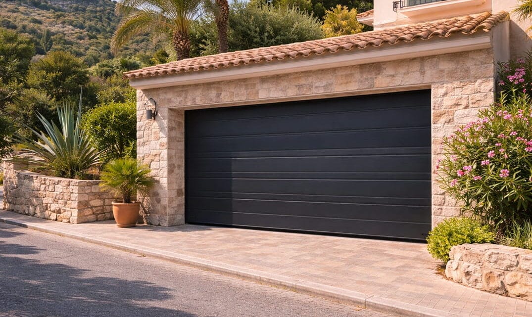 puerta automática de garaje negra en vivienda en Gilet