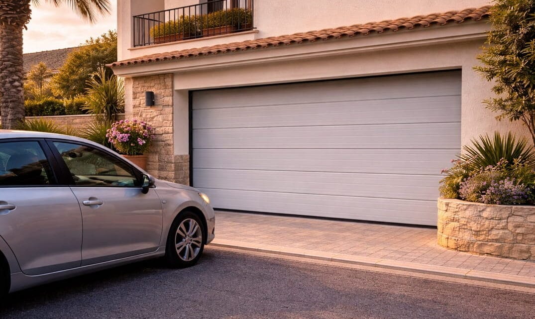 puerta automática de garaje cerrada con coche esperando en vivienda en Sagunto