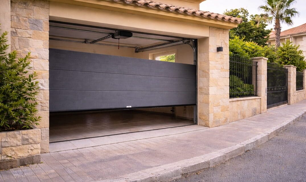 puerta automática de garaje parcialmente abierta en vivienda en Sagunto